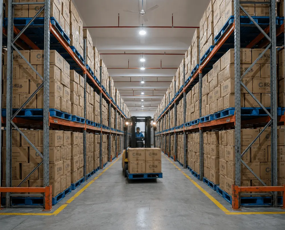 Large warehouse with stacked cartons of cold cup lids and a forklift operating.