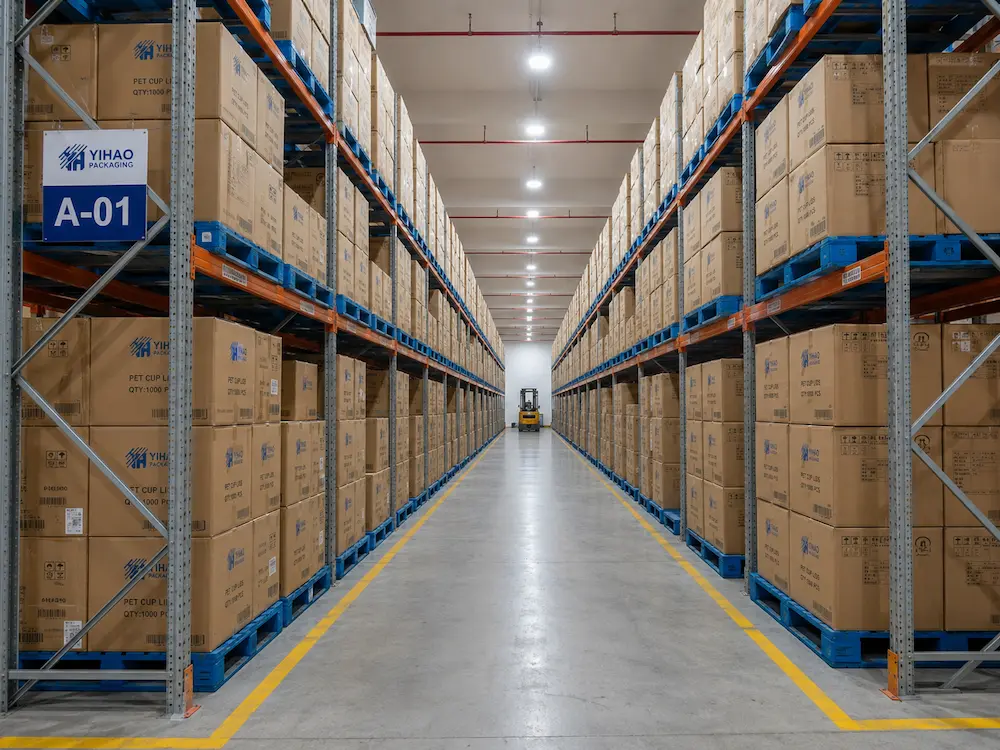 PET Cup Lids FAQ: Materials, Sizes, Uses, and Ordering Questions 8 Warehouse storage of cartons for wholesale PET cup lids, PET cups, and cold drink packaging supply.