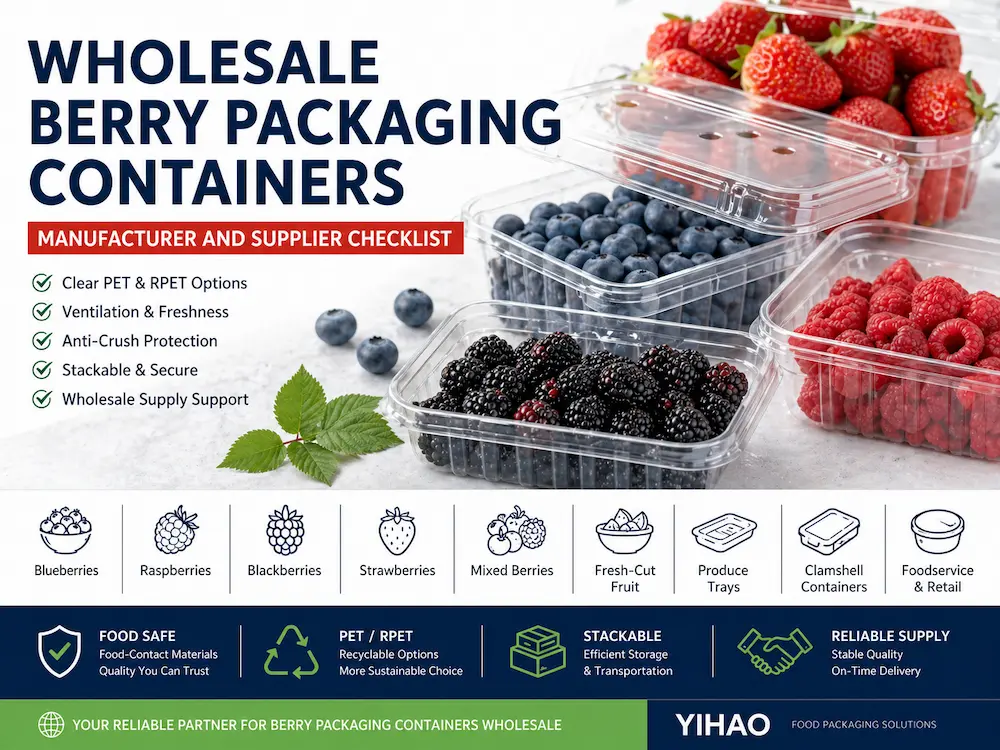Berry packaging containers with clear PET clamshell packs for blueberries, raspberries, strawberries, and wholesale fresh produce display