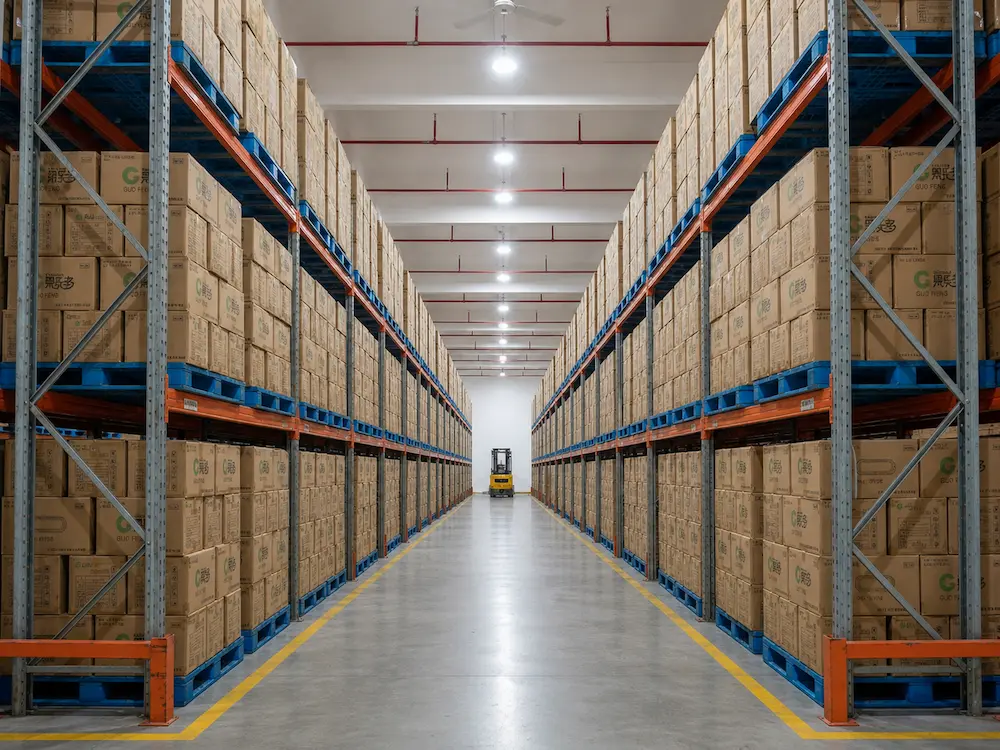 Blueberry Containers: Buyer Guide for Food Packaging Teams 7 Wholesale blueberry containers carton warehouse storage showing pallet racks and inventory management
