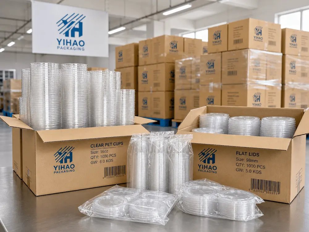 Flat Cold Cup Lids: Buyer Guide for Food Packaging Teams 8 Wholesale packaging of clear PET cold cups and flat lids for bulk orders and supplier checks