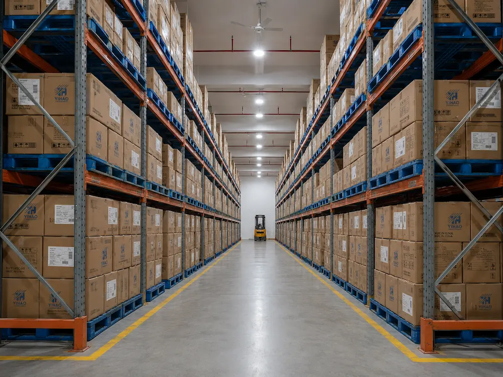 Cold Cup Lids Complete Guide: Flat, Dome, Strawless, and Sip Lids 7 Warehouse storage of wholesale cold cup lids and packaging cartons on pallets