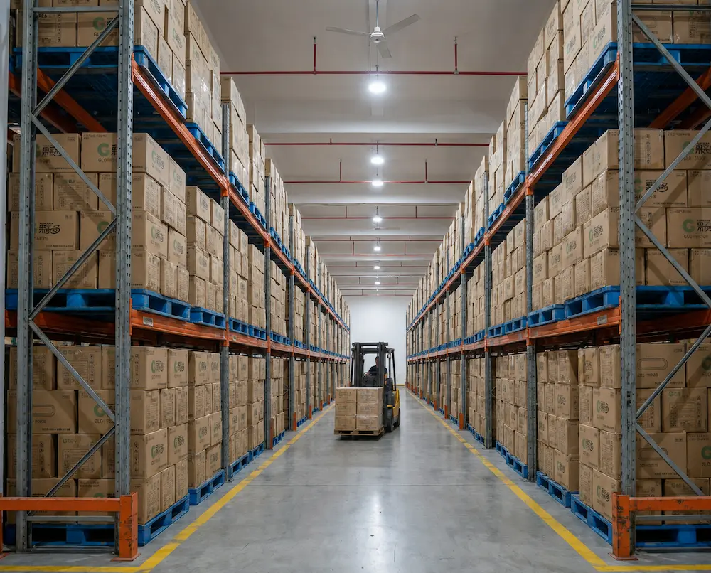 Wholesale warehouse storage for custom iced coffee cup cartons and PET cold drink packaging supply.