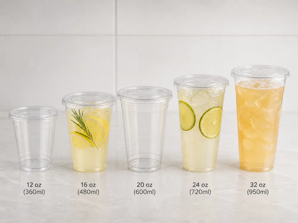 YIHAO wholesale PP cups and lids showing carton packaging, custom printing, and stackable cup options
