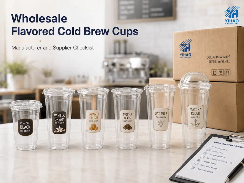 Wholesale Flavored Cold Brew Cups: Manufacturer and Supplier Checklist 5 Wholesale flavored cold brew cups with YIHAO branding, featuring clear PET cups with flavor labels and shipping cartons.