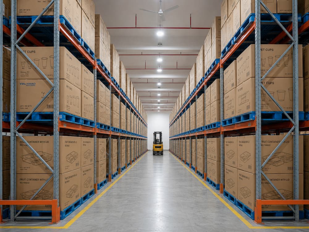 Wholesale food packaging cartons stored on warehouse racks for bulk supermarket fruit packaging supply.