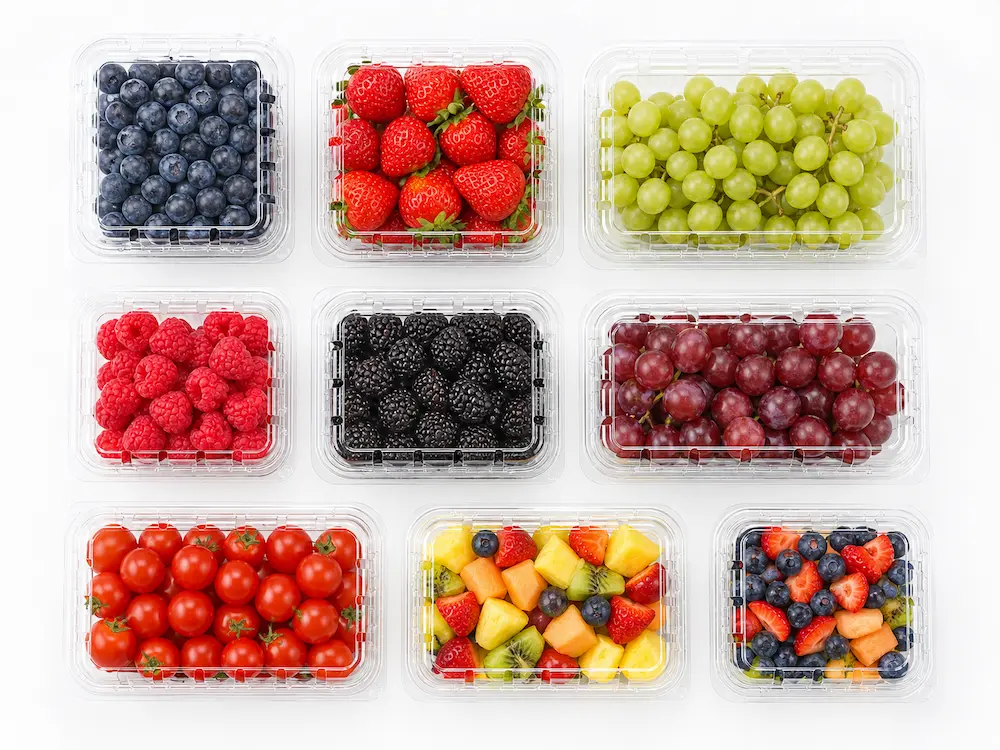 Clear fruit packaging containers for blueberries, strawberries, grapes, raspberries, blackberries, and fresh-cut fruit