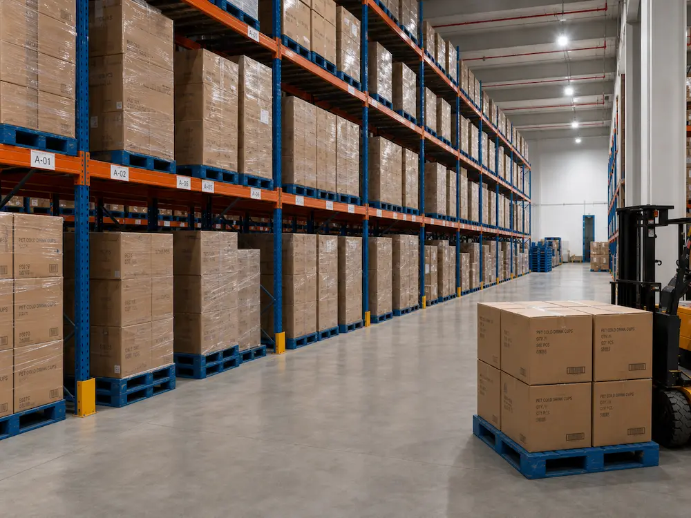 Wholesale juice cup warehouse inventory, pallet cartons, and long-term supply preparation