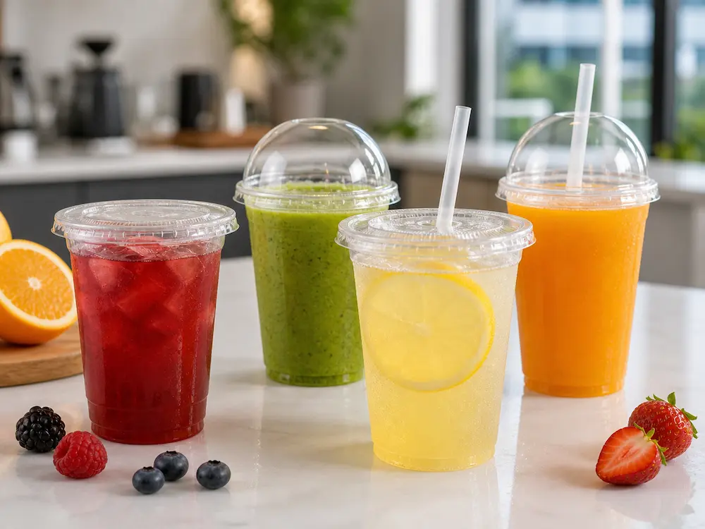 Clear PET juice cups for lemonade, fruit tea, smoothies, and cold drink packaging
