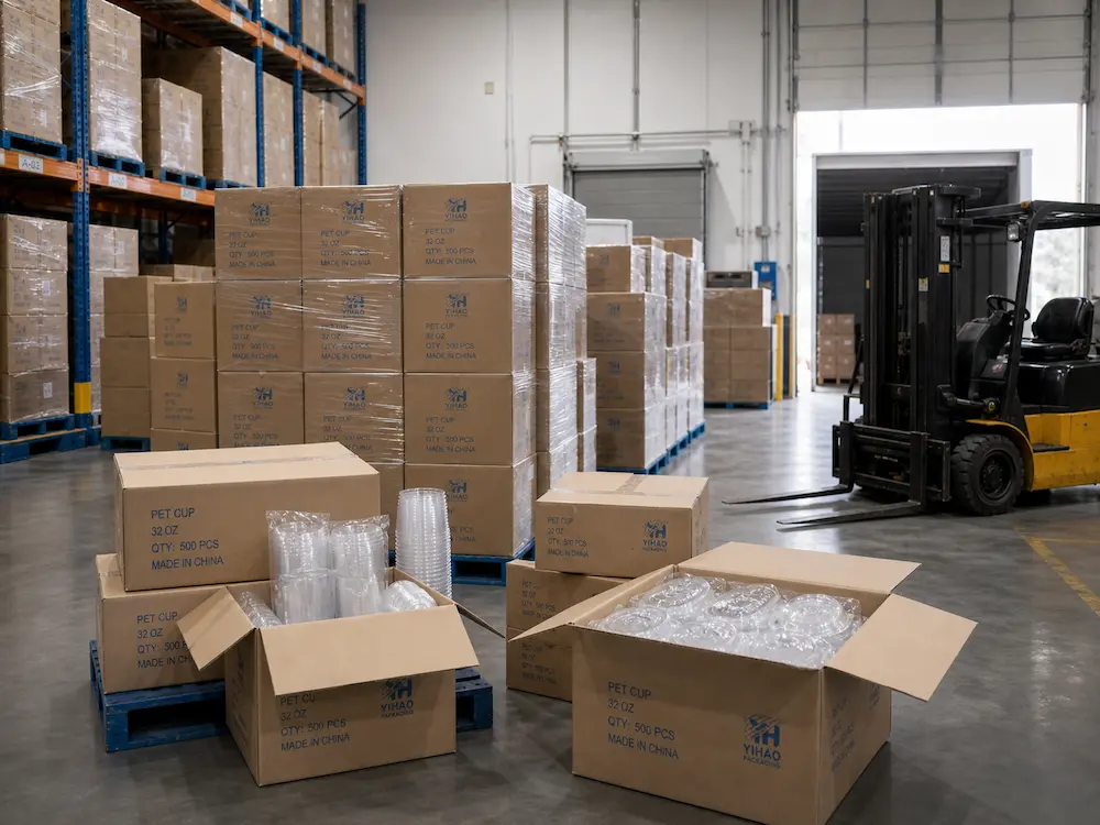 Wholesale juice cups, PET lids, and export cartons prepared in warehouse