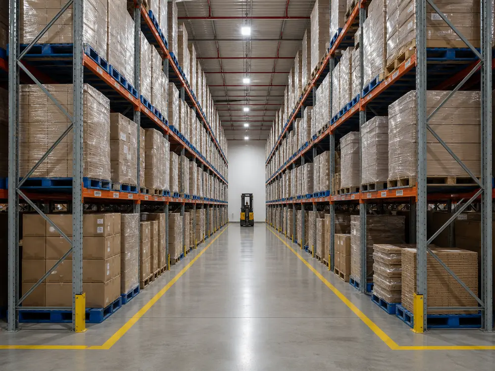 Wholesale packaging cartons stored on warehouse racks for bulk order supply.
