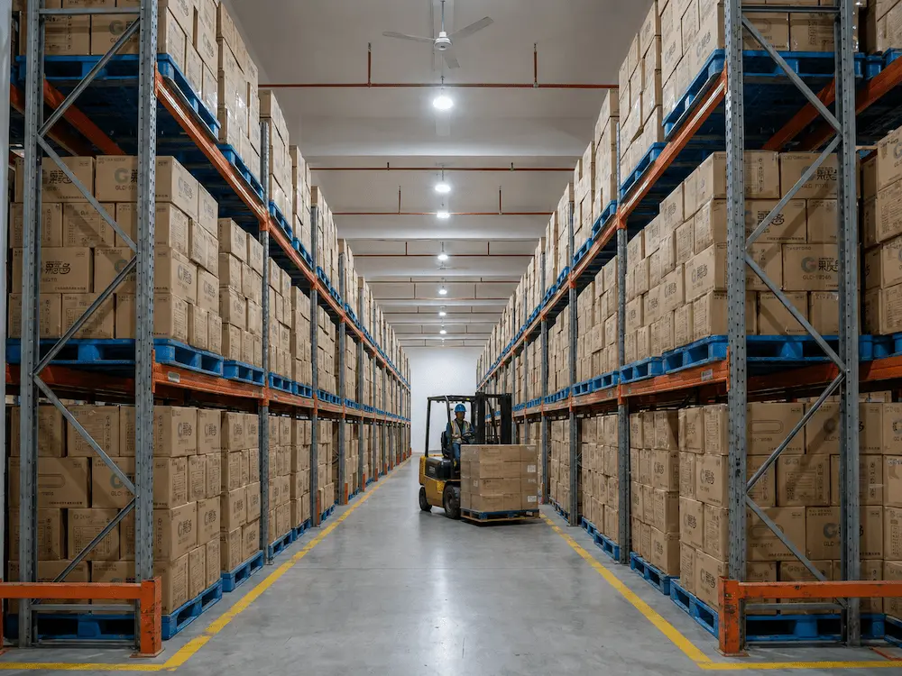 Wholesale Flavored Cold Brew Cups: Manufacturer and Supplier Checklist 5 Large warehouse with high racks of wholesale packaging cartons and a forklift operator.