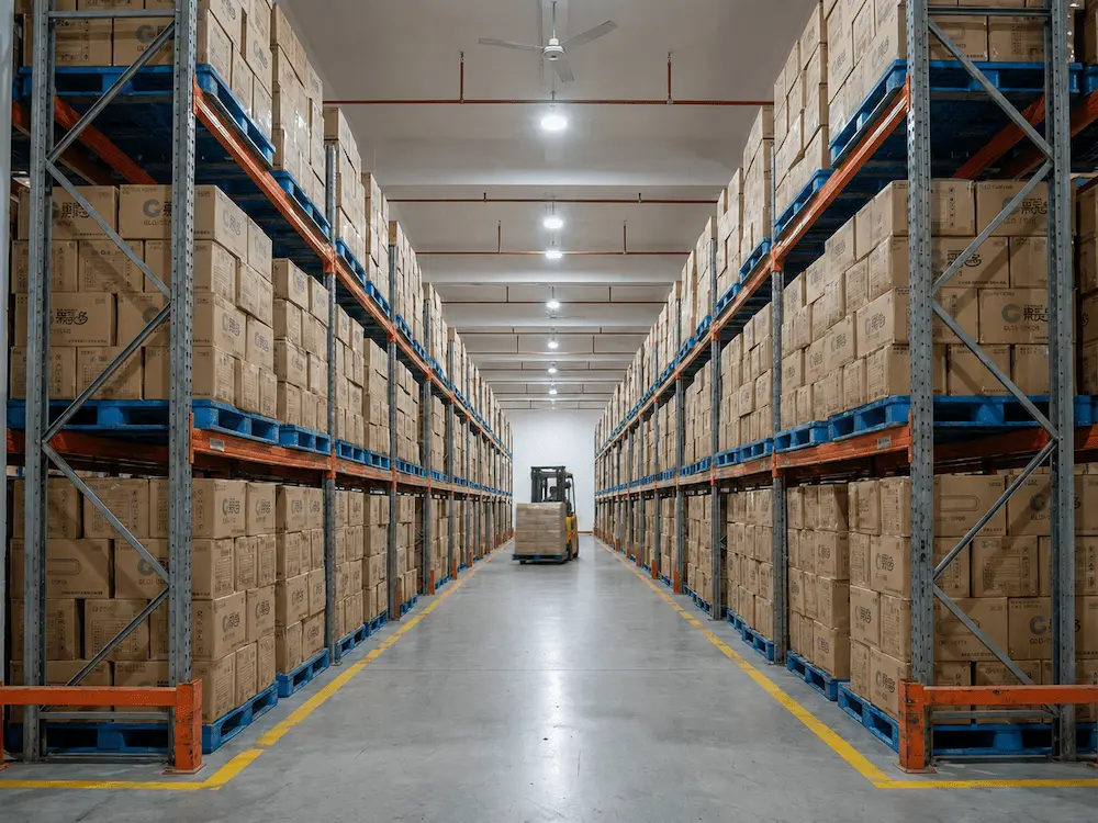 Wholesale PET coffee cups warehouse storage with pallet racking and carton inventory