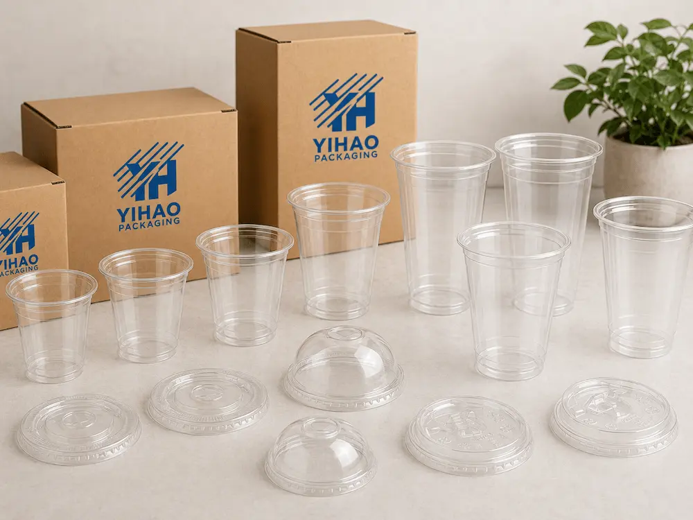 Wholesale PET cold cups and matching lids with YIHAO Packaging cartons