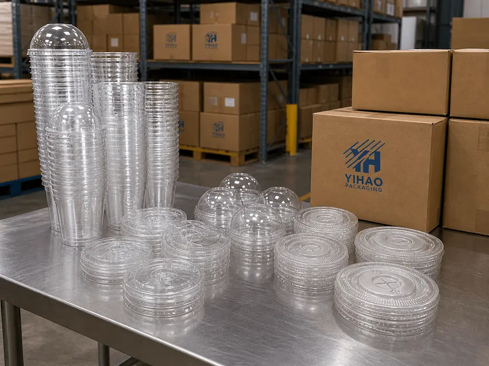 Strawless Lids vs Alternative Packaging: How Buyers Should Choose 8 YIHAO clear PET cold cups and lids for wholesale packaging, warehousing, and stacking supply