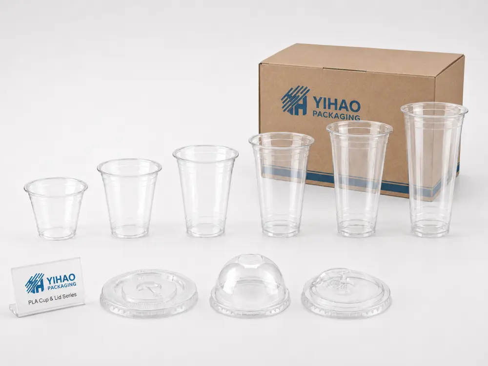 PLA Compostable Cold Cups Complete Guide 4 Wholesale PLA cup and lid series with YIHAO carton packaging