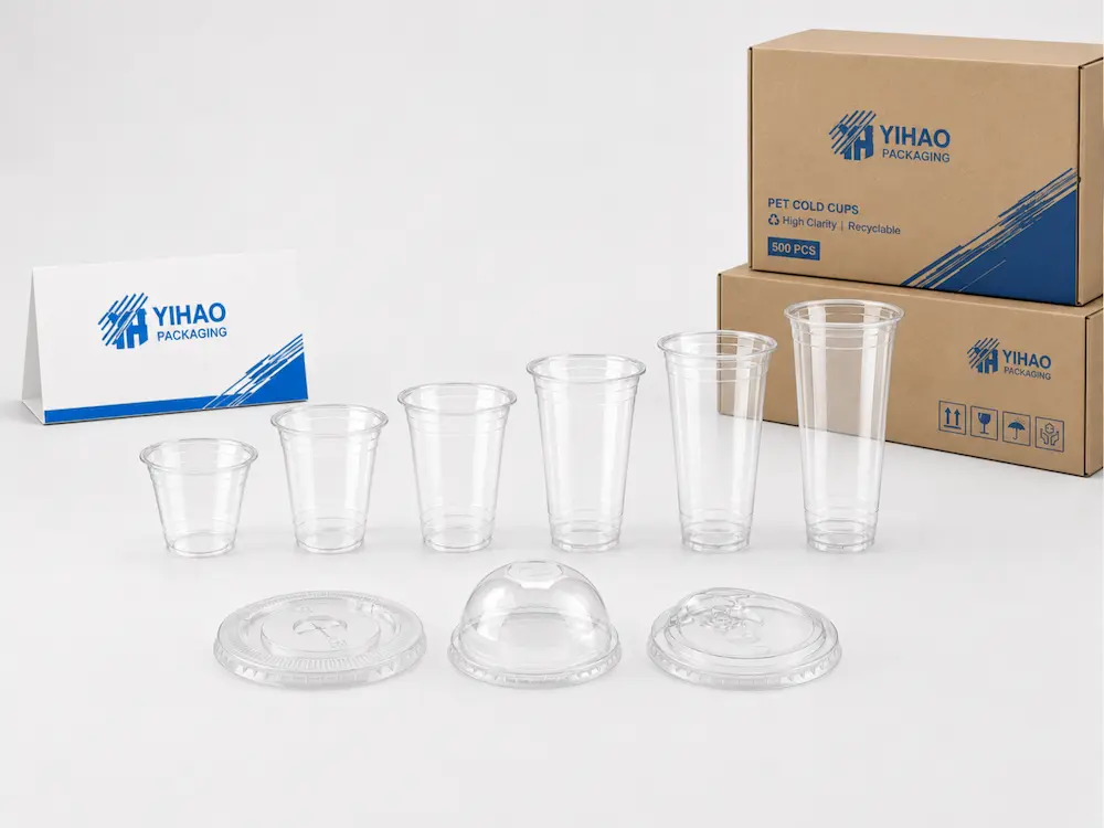 Wholesale PLA cup size range with lids and YIHAO carton packaging