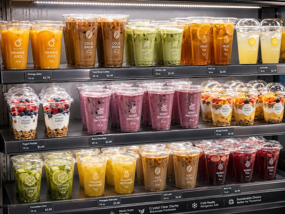 Wholesale PLA cups in refrigerated retail display for cold drinks and parfaits