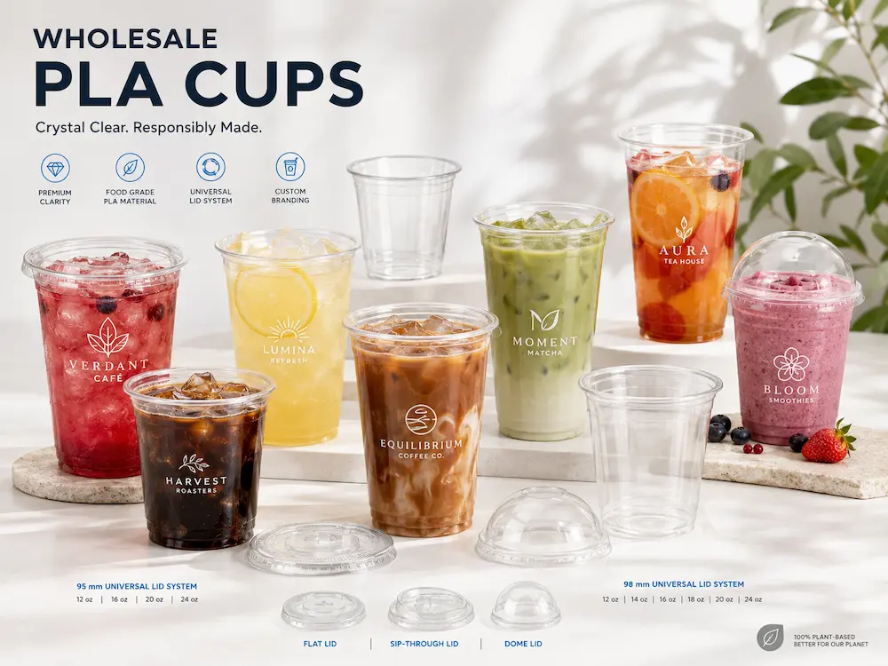 Wholesale PLA cups with lids for supermarkets, cafes, bakeries, and foodservice brands
