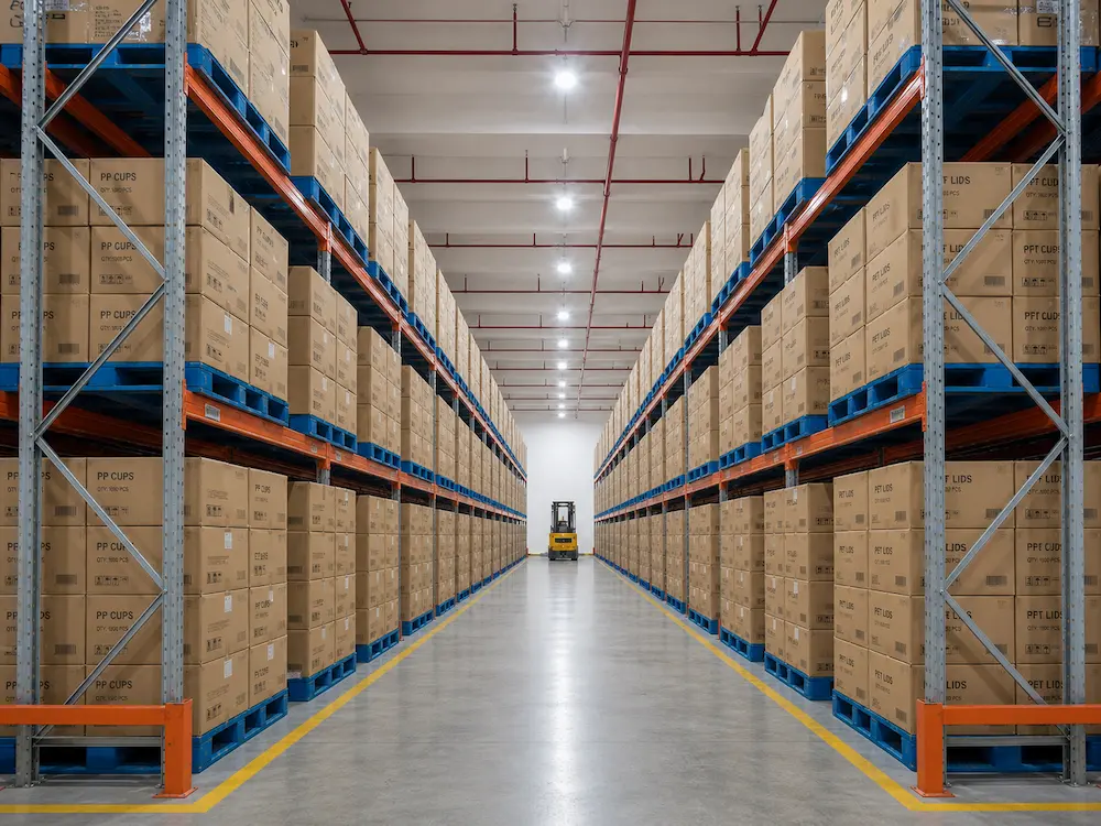 PP Cold Cups Complete Guide for Takeaway Drinks 8 Wholesale PP cold cups carton warehouse showing pallet racks, inventory management, and stable supply capability