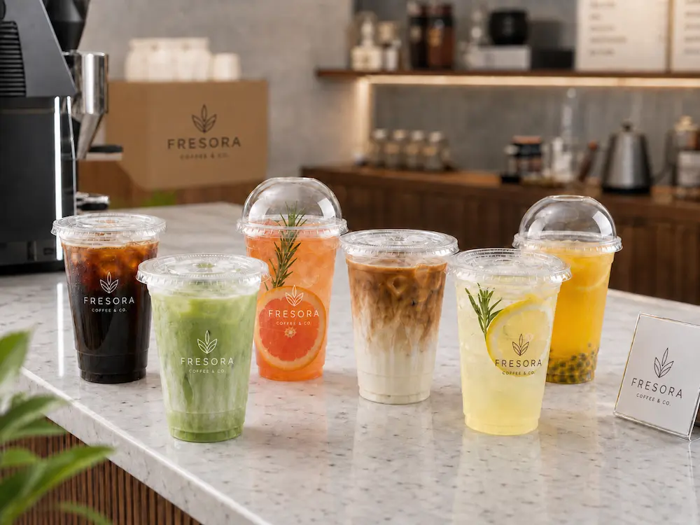 PP cold cups with lids for iced coffee, matcha, lemonade, fruit tea, and takeaway beverage packaging