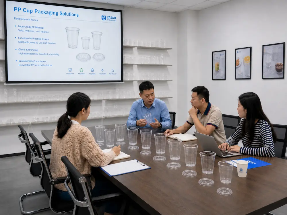 Wholesale PP cups carton warehouse showing pallet racks, inventory management, and bulk supply capability