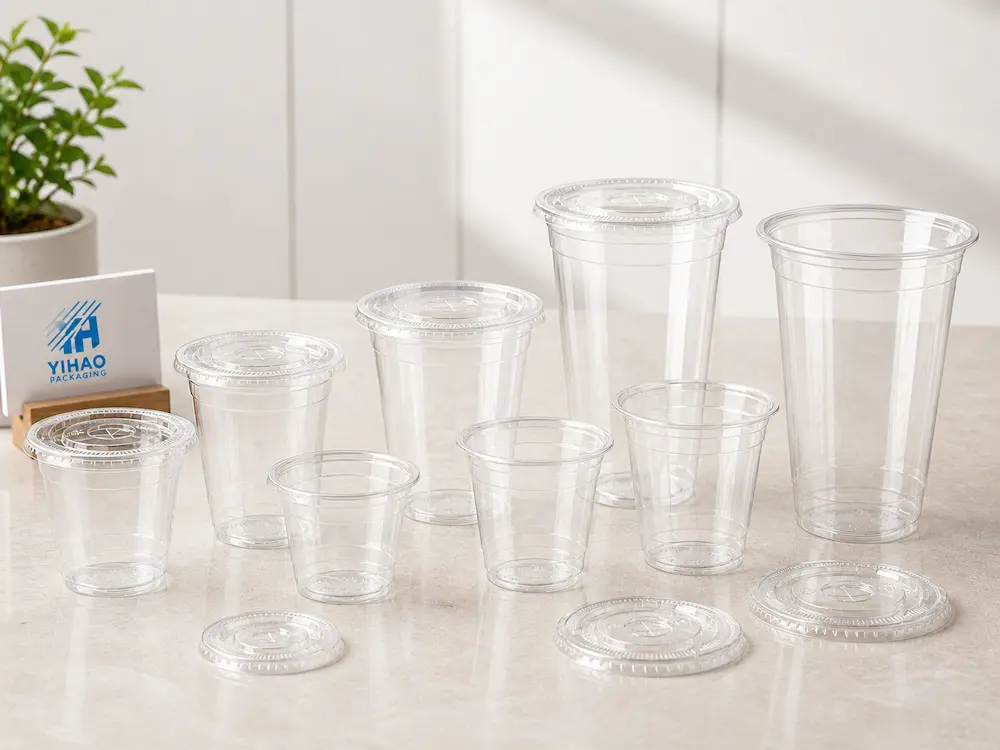 Wholesale PP cups and lids display showing different capacities, clear cup sizes, and flat lid options