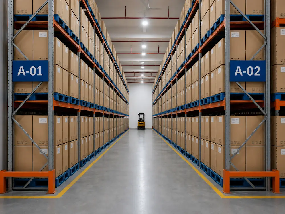 PP Cups with Lids FAQ: Materials, Sizes, Uses, and Ordering Questions 7 Wholesale PP cups with lids carton storage warehouse showing pallet racks and inventory management