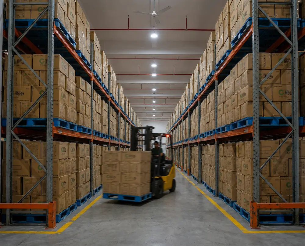 Produce Tray Packaging for Supermarkets, Cafes, Bakeries, and Foodservice Brands 5 Wholesale produce tray packaging warehouse with cartons and forklift handling