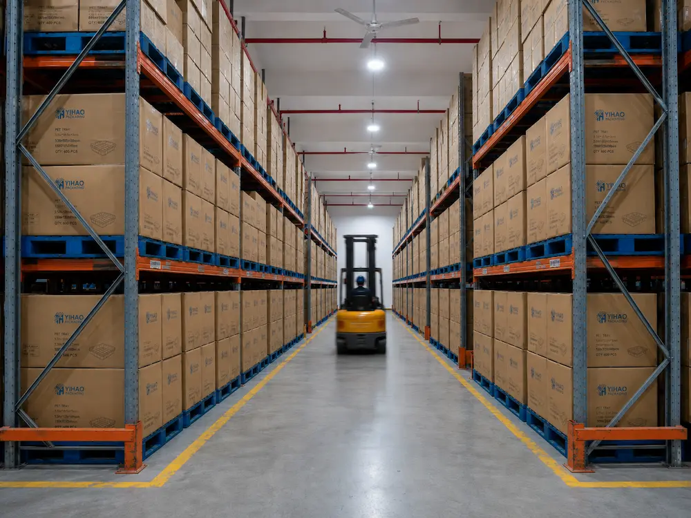 Wholesale vegetable tray warehouse with cartons and forklift handling