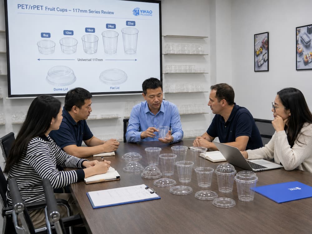 Fresh-Cut Melon Containers FAQ: Materials, Sizes, Uses, and Ordering Questions 2 YIHAO team reviewing 117mm PET and rPET fruit cup samples for fresh-cut fruit packaging.