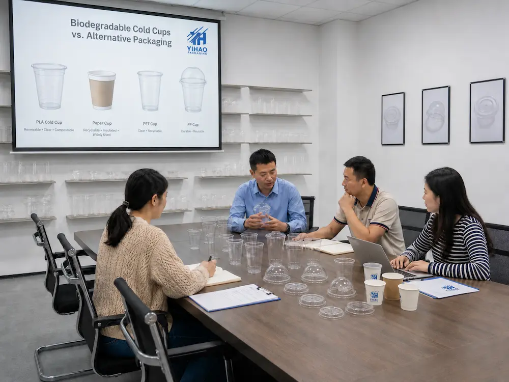 YIHAO team comparing biodegradable cold cups with PLA, PET, PP, and paper alternatives