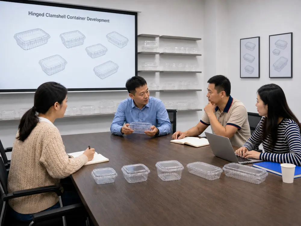 YIHAO team reviewing hinged clamshell container development for berry packaging applications.