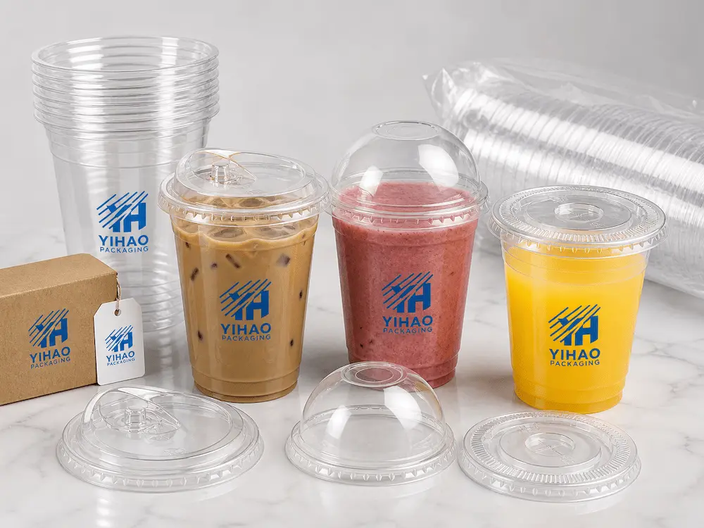 Strawless Lids vs Alternative Packaging: How Buyers Should Choose 9 YIHAO branded clear PET cold cups, lids, and sample packaging display
