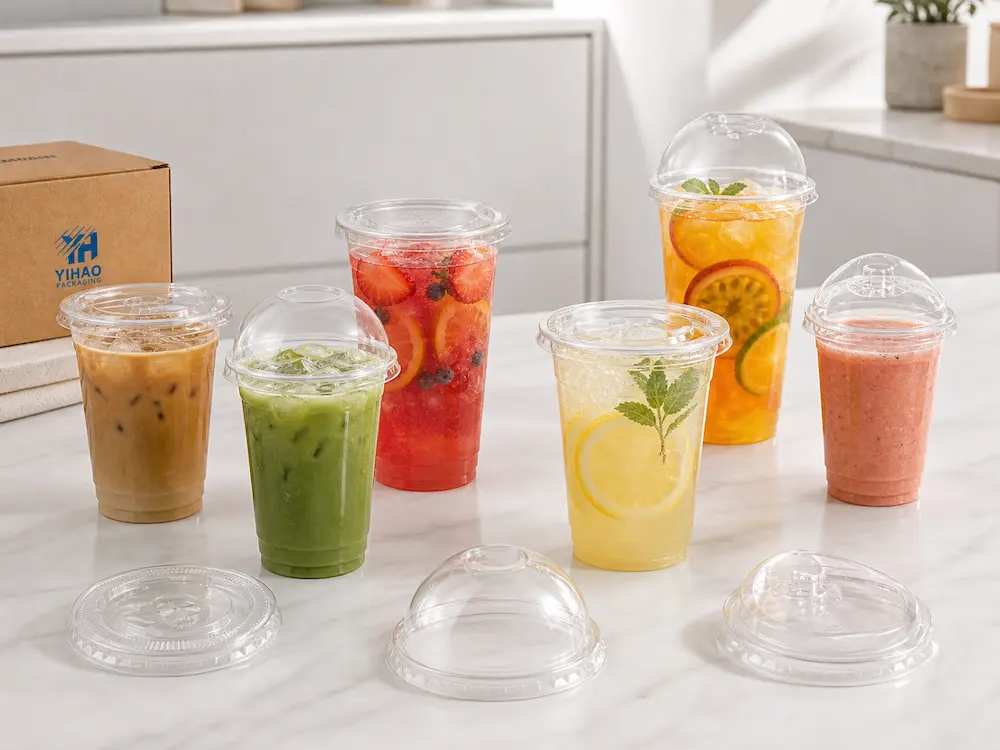 YIHAO clear cold cups for iced coffee, matcha, lemonade, fruit tea, fresh juice, and smoothie packaging.