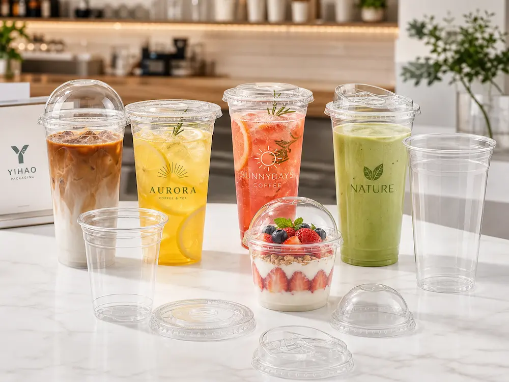 Wholesale Durable Cold Cups: Manufacturer and Supplier Checklist 1 YIHAO clear cold cups with multiple lid options for iced coffee, lemonade, fruit tea, matcha, and dessert cup packaging.