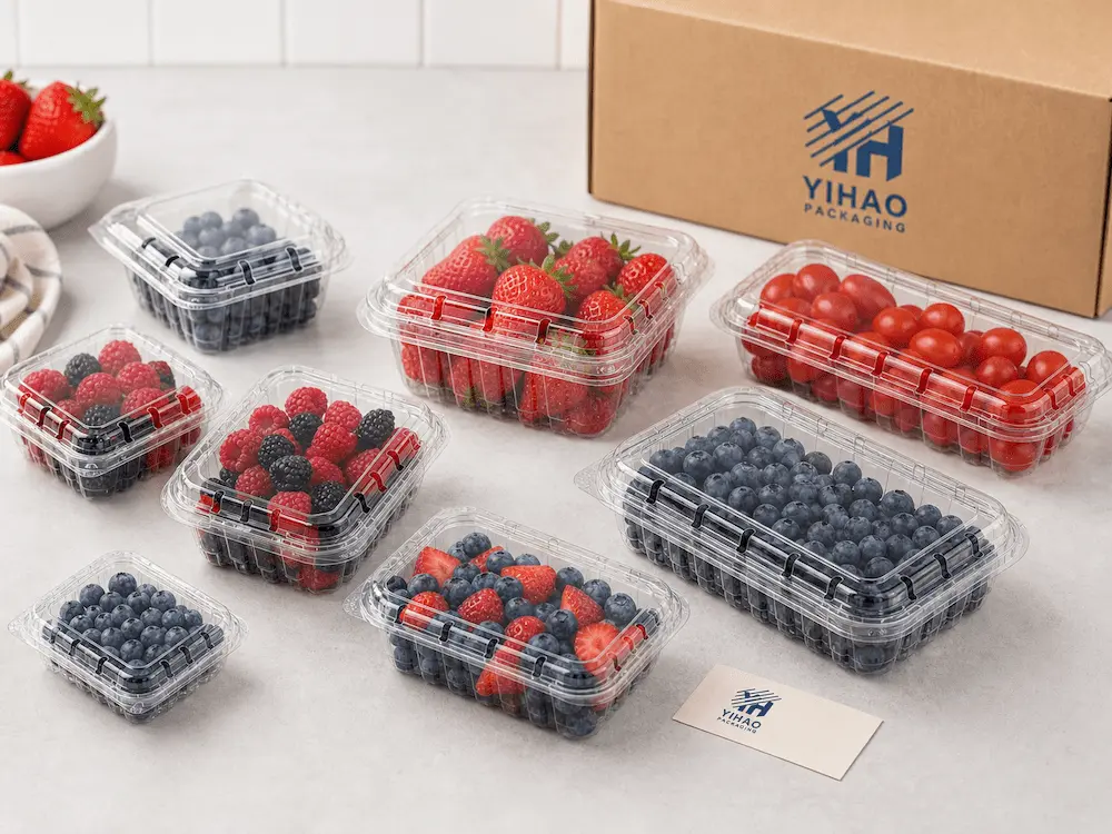 Complete Guide to Berry Clamshell Packaging for Blueberries, Blackberries, and Raspberries 8 YIHAO clear PET berry clamshells for blueberries, strawberries, raspberries, blackberries, and tomatoes