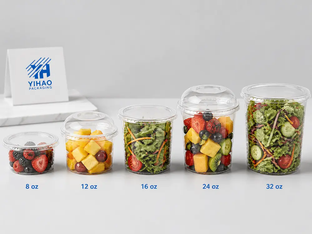 YIHAO clear PET fresh-cut fruit containers from 8 oz to 32 oz for fruit cups, salads, and chilled ready-to-eat food packaging