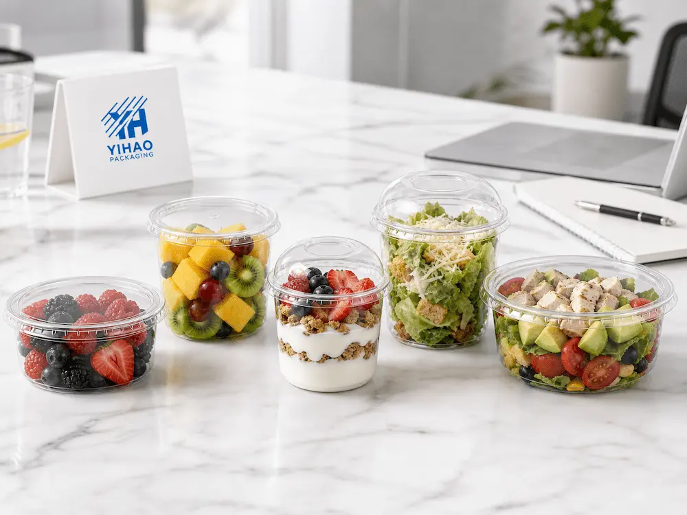Best Fresh-Cut Fruit Containers for Retail Display, Takeaway, and Chilled Food 4 YIHAO clear PET containers for fresh-cut fruit, yogurt cups, salads, takeaway, and sample display