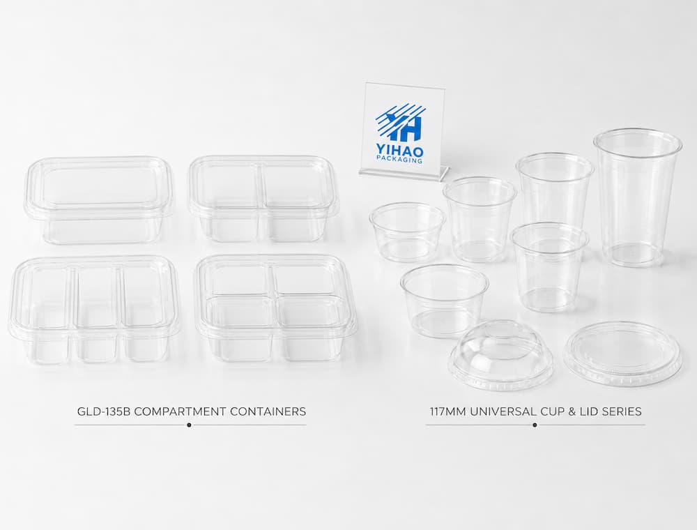 YIHAO clear PET compartment containers and 117mm universal cup and lid series for fruit packaging.