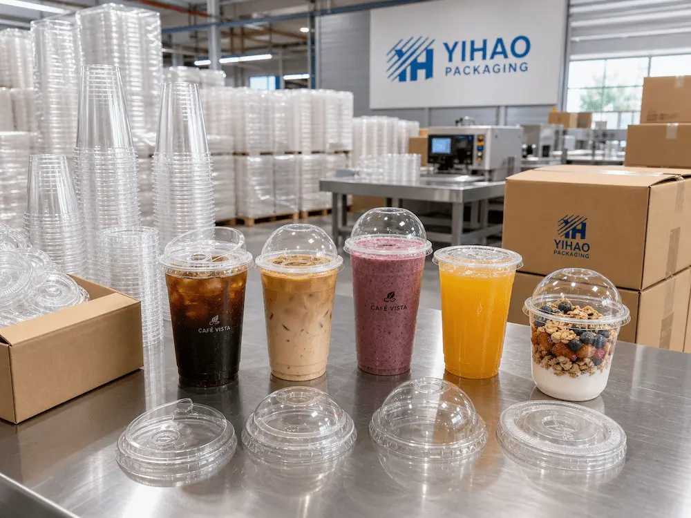 YIHAO clear PET iced coffee cups manufacturer wholesale supply with multiple cup sizes, lids, and carton packaging