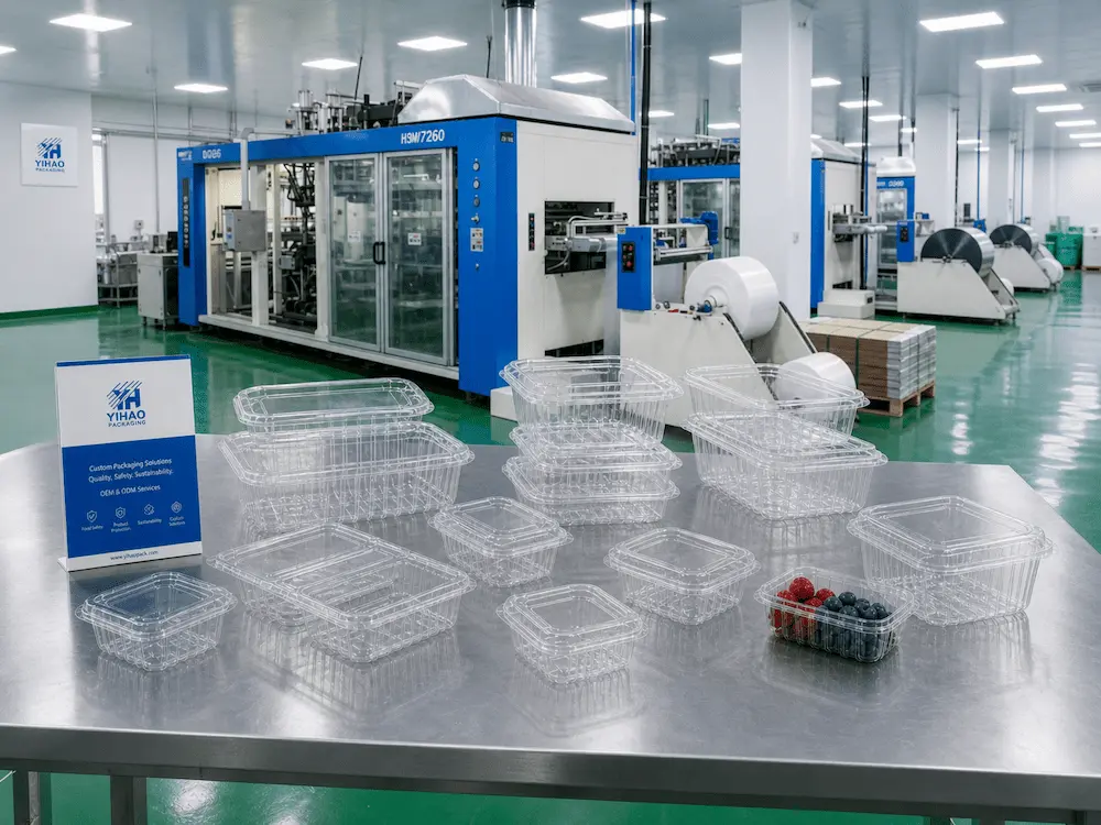 Clear PET Produce Packaging FAQ: Materials, Sizes, Uses, and Ordering Questions 6 YIHAO clear PET produce packaging structure options with square containers, rectangular containers, and sample display