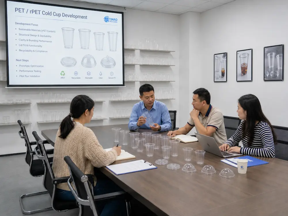 YIHAO team reviewing PET and rPET cold cup development for beverage packaging
