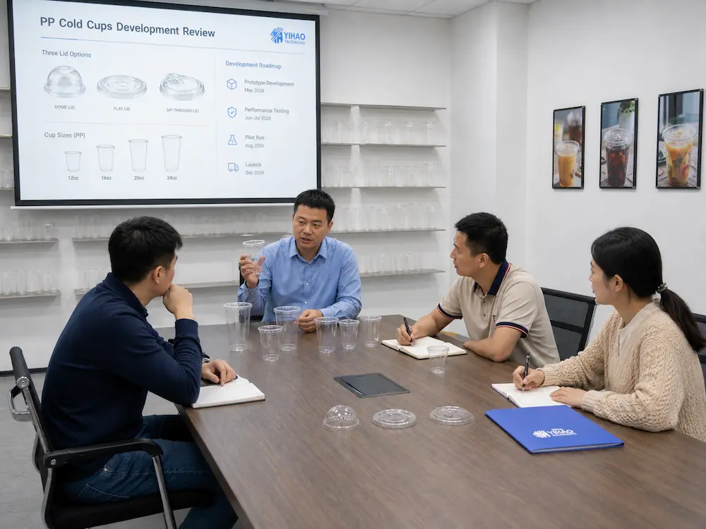 Wholesale Durable Cold Cups: Manufacturer and Supplier Checklist 7 YIHAO cold cup development review meeting showing cup sizes, lid options, and performance testing discussion.
