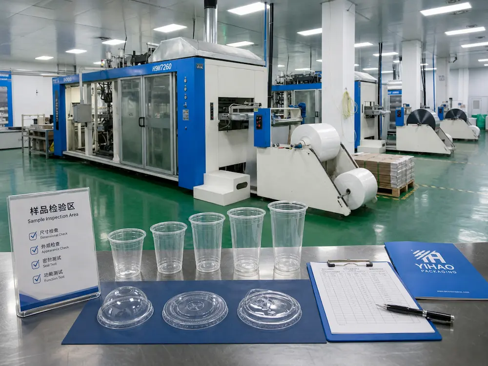 YIHAO factory sample inspection area showing quality checks for clear PET cold cups and lids.