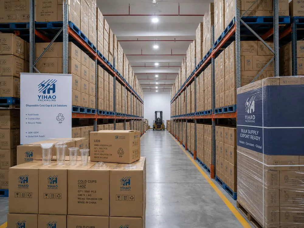 YIHAO cold cup and lid warehouse storage showing wholesale supply and export-ready capability.