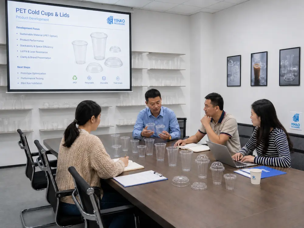 YIHAO team reviewing PET and PLA cold cup samples for lid fit and product development