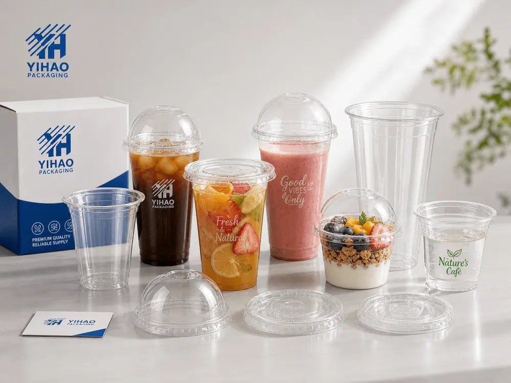 YIHAO custom PET cups and lids range for cold drinks, yogurt cups, fruit cups, and branded packaging