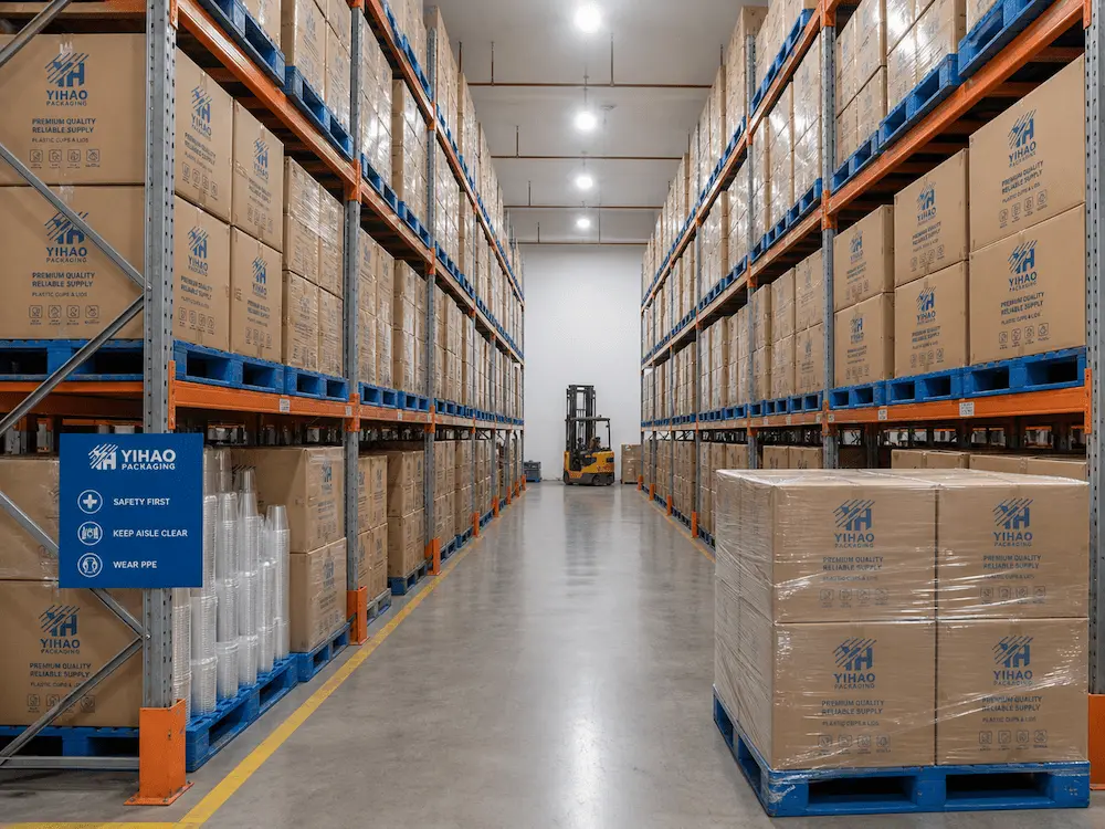 YIHAO custom PET cups manufacturer warehouse and wholesale supply showing carton stock, pallets, and export packing capability