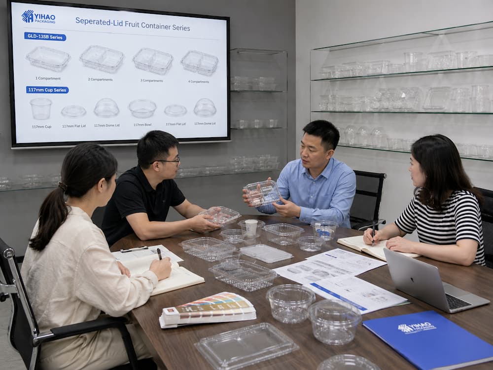 YIHAO team reviewing fresh-cut fruit container samples and separated-lid packaging options.